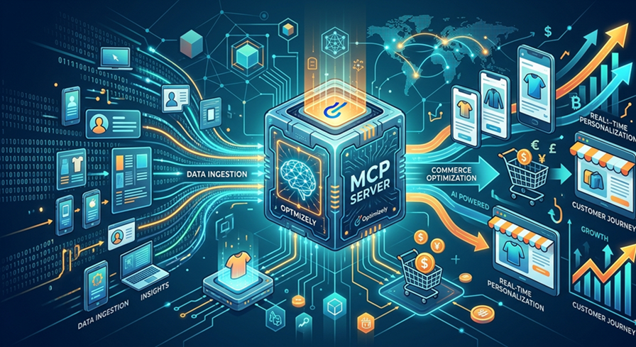 MCP Server with Optimizely Configured Commerce AI-powered B2B commerce platform diagram showing data ingestion, commerce optimization, real-time personalization, and customer journey