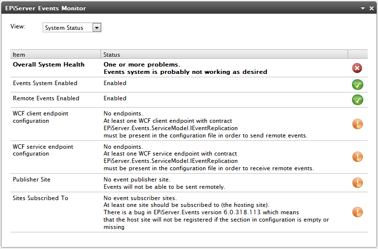 EPiServer Events Monitor System Status View
