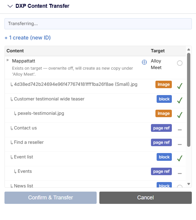 Content Transfer interface showing file transfers