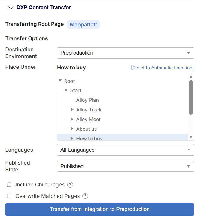 Content Transfer Interface showing options for moving content